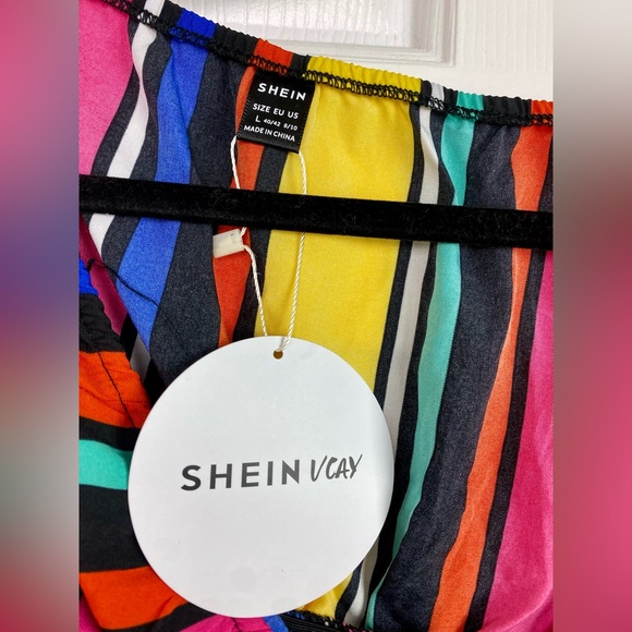 SHEIN Vcay Stipped Tie Front Thigh Split Strapless Dress Multicolored Large - Picture 4 of 5